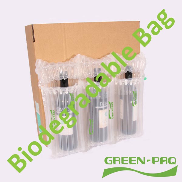 GreenPaq_wine_3_pack_withbottle_Text Inflatable packaging bag made from biodegradable plastic